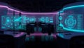 Futuristic Control Room with Digital Displays and Neon Lighting High Tech Environment Displaying Complex Data Royalty Free Stock Photo