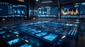 futuristic digital control room with holographic interface displaying data analytics and technology visualization in blue light Royalty Free Stock Photo