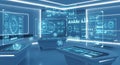 Futuristic control room with holographic interfaces and data displays Royalty Free Stock Photo