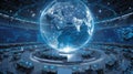 Futuristic Control Room Featuring a Glowing Earth Display with Advanced Technology and Data Visualization Interfaces Royalty Free Stock Photo