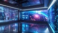 Advanced Artificial Intelligence Control Room Monitoring Earth and Space Data with Futuristic Technology Screens Royalty Free Stock Photo