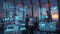 Advanced robots and human teams collaborate in a high-tech control room analyzing futuristic data visualizations Royalty Free Stock Photo