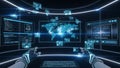Futuristic Control Room with Global Network Visualization Royalty Free Stock Photo