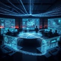 Futuristic control room featuring multiple operators at desks Royalty Free Stock Photo