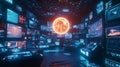 Futuristic control room filled with advanced technology and glowing displays showcasing global data and analytics Royalty Free Stock Photo