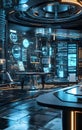 A futuristic control room filled with advanced technology and illuminated displays, efficient processes in a futuristic office Royalty Free Stock Photo