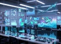Futuristic Control Room Glass Wall Multi-Screen Holographic Data Analytics with Blue Neon Dashboards Royalty Free Stock Photo
