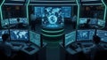 Futuristic Control Room with Global Data Displays and Technicians Working technology Royalty Free Stock Photo