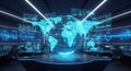 Futuristic control room with glowing blue digital globe surrounded by multiple monitors displaying data visualizations in a dark Royalty Free Stock Photo