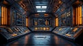 futuristic spaceship control room with advanced digital interfaces and glowing orange lights in a high tech sci fi environment Royalty Free Stock Photo