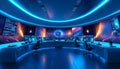futuristic space mission control room with multiple monitors and panoramic cosmic views in a high tech environment Royalty Free Stock Photo