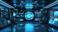 Futuristic control room with glowing screens and holographic displays featuring advanced technology and data Royalty Free Stock Photo