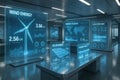 Futuristic control room with holographic dashboards displaying renewable energy data from wind and solar power systems globally Royalty Free Stock Photo