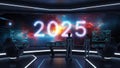 Futuristic control room with holographic 2025 display and space background Royalty Free Stock Photo
