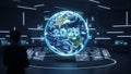 Futuristic control room with holographic globe displaying 2025 for technology innovation Royalty Free Stock Photo
