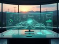 Futuristic Control Room with Holographic Terrain Map & Data Dashboards â Smart Energy Management Royalty Free Stock Photo