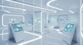 Futuristic control room with interactive digital screens and sleek white design Royalty Free Stock Photo