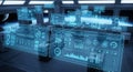 Futuristic control room interface with holographic data displays and graphs Royalty Free Stock Photo