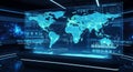Futuristic control room with large central screen displaying world map data visualization surrounded by network lines and charts Royalty Free Stock Photo