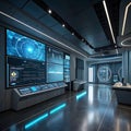 Futuristic control room with large glowing screens and interfaces Royalty Free Stock Photo