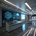 Futuristic control room with large glowing screens and interfaces Royalty Free Stock Photo