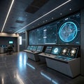 Futuristic control room with large glowing screens and interfaces Royalty Free Stock Photo