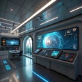 Futuristic control room with large glowing screens and interfaces Royalty Free Stock Photo