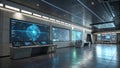 Futuristic control room with large glowing screens and interfaces Royalty Free Stock Photo