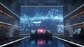 Futuristic control room with large screen displaying data and graphs technology Royalty Free Stock Photo