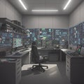 Futuristic control room with multiple computer monitors displaying complex data and Royalty Free Stock Photo