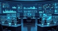 A futuristic control room with multiple computer monitors displaying various graphs and charts on a blue lit wall a Royalty Free Stock Photo