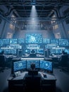 Futuristic control room with multiple glowing blue computer screens and people working at desks Royalty Free Stock Photo