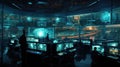 A futuristic control room with multiple monitors. AI