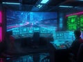 Futuristic Control Room with Multiple Monitors Displaying Data and a Cityscape at Night technology Royalty Free Stock Photo