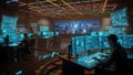 Futuristic Control Room with Multiple Monitors Displaying Data and Cityscape View technology Royalty Free Stock Photo