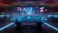 Futuristic control room with multiple monitors displaying data and a large screen showing a neon city skyline Royalty Free Stock Photo
