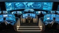 Futuristic control room with multiple monitors displaying world maps and data, operated by people Royalty Free Stock Photo