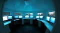 Futuristic control room with multiple monitors glowing blue Royalty Free Stock Photo