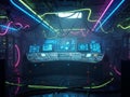 Futuristic Control Room with Multiple Monitors, Servers, and Neon Lighting in a Dark Environment Royalty Free Stock Photo