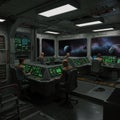 Futuristic control room with multiple operators seated at consoles featuring green, Royalty Free Stock Photo