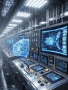 Futuristic Control Room with Multiple Screens Displaying Blueprints and Data technology monitors Royalty Free Stock Photo