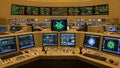 Futuristic control room with multiple screens displaying complex data command center technology Royalty Free Stock Photo
