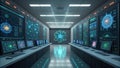 Futuristic control room with multiple screens displaying data and network graphics technology Royalty Free Stock Photo