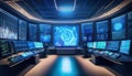 futuristic control room with multiple screens displaying data visualizations and predictive models, creating immersive tech Royalty Free Stock Photo