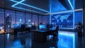 Futuristic control room with neon blue lighting, panoramic city skyline at night, multiple digital screens, high-tech interface. Royalty Free Stock Photo