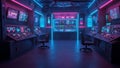 Futuristic Control Room with Neon Blue and Pink Lighting and Multiple Computer Screens image Royalty Free Stock Photo