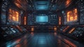 Futuristic control room with neon lights and advanced technology interface panels Royalty Free Stock Photo