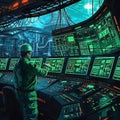 Futuristic control room Operator overseeing complex systems and monitoring interfaces Royalty Free Stock Photo