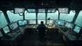Futuristic control room operator station with multiple monitors and ocean view for technology concept art Royalty Free Stock Photo
