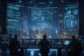 A futuristic control room overlooking a city skyline, with operators monitoring complex digital data systems